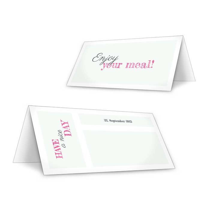 Moderne Tischkarten zur Hochzeit in Minz mit pinker Schrift